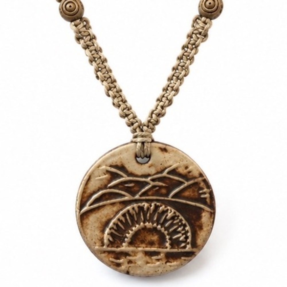 Bohemian Macrame Ceramic Sunrise Clay Pendant Necklace Earthy Tan Wood Beads